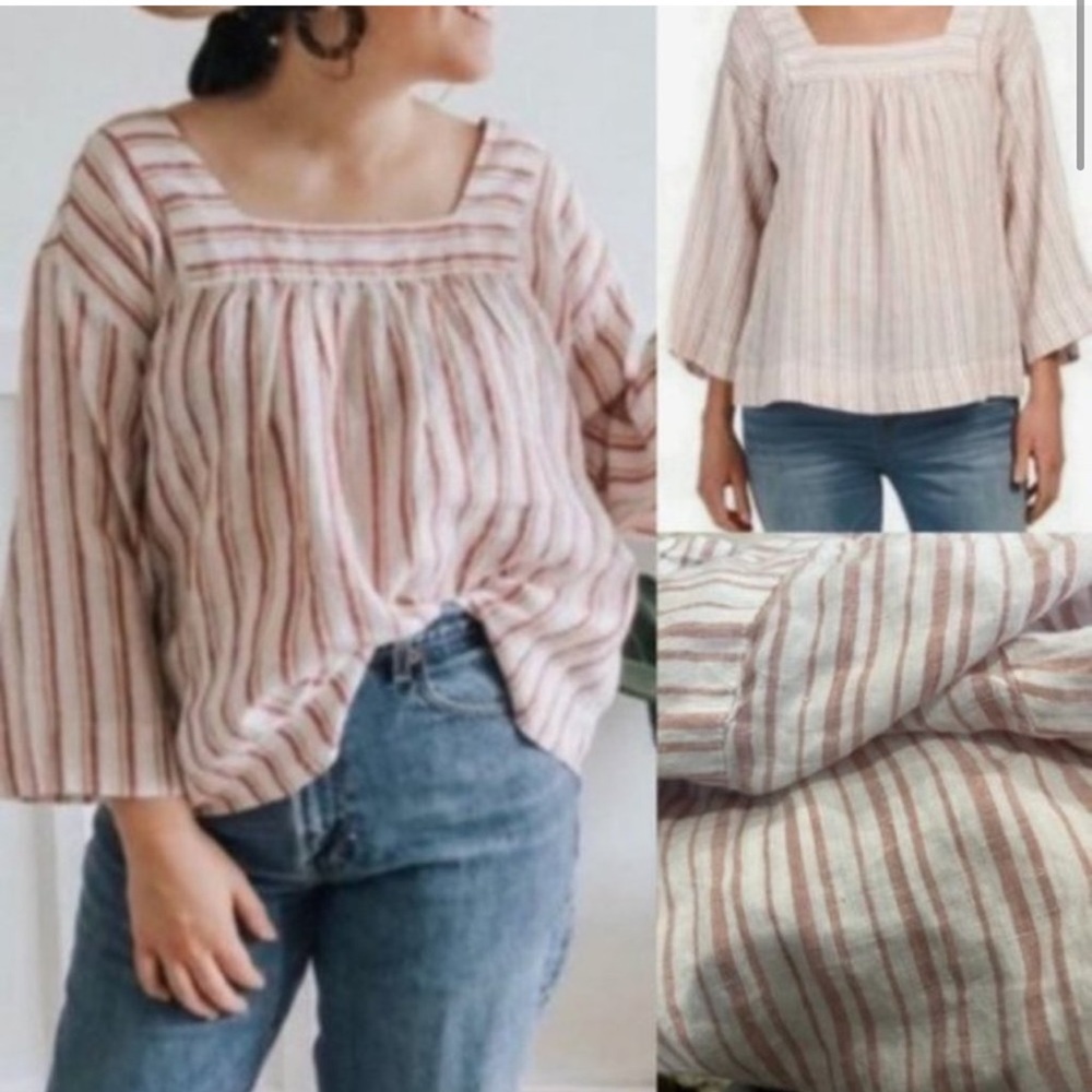 RACHEL ZOE Pink Striped Square Neck Linen Top sz L